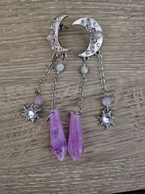 Silver Moon & Purple Crystal Drop Earrings